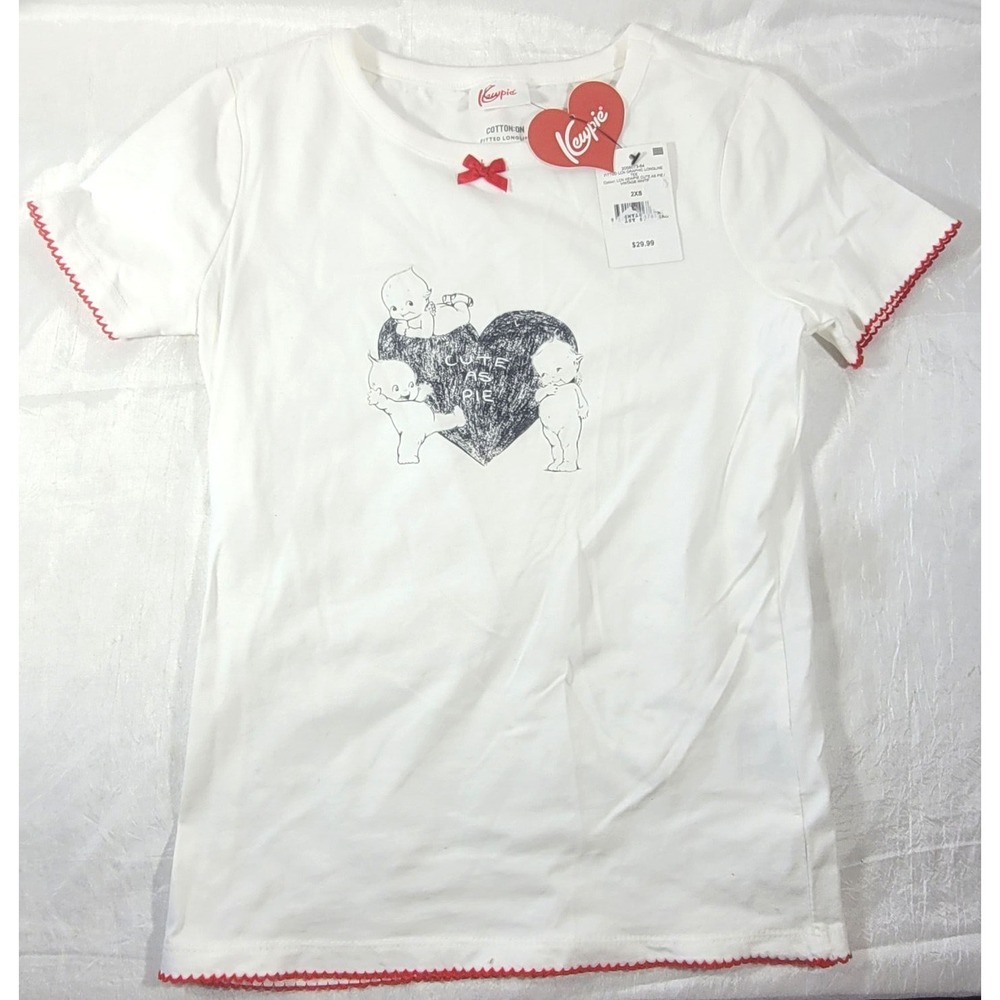 Cotton:On Fitted Longline Kewpie Cute As Pie T-Shirt - White w/ Red Trim - XXS